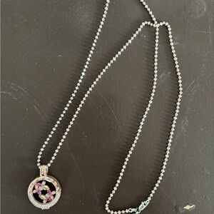 Silver and Rose Gold Mi Moneda Necklace with Pink Gemstones